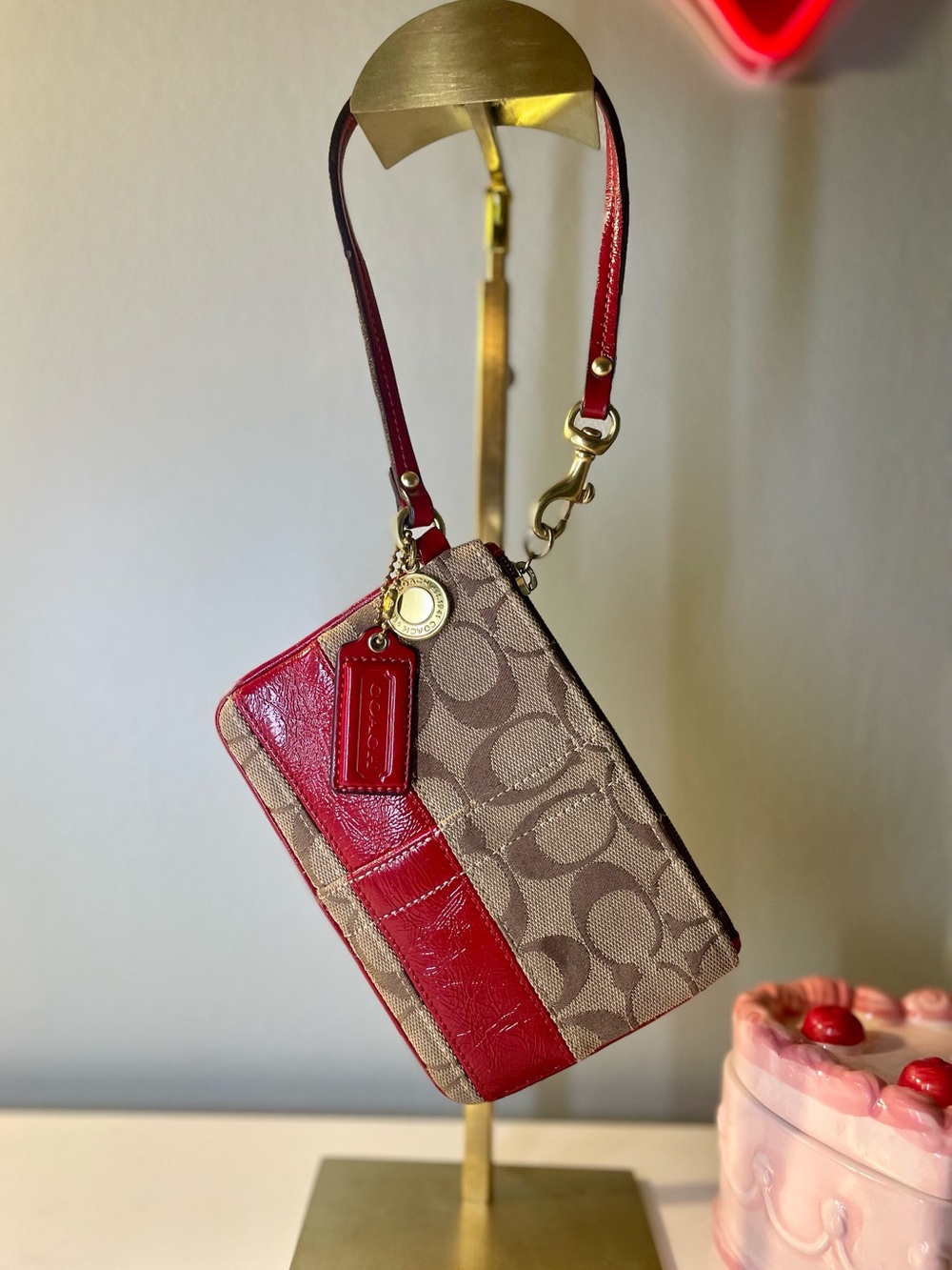 Coach Legacy Signature Canvas & Red Patent Leather Wristlet